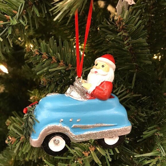Santa Driving Blue & Silver Sports Car Christmas Tree Ornament Wreath Grill - Picture 5 of 9